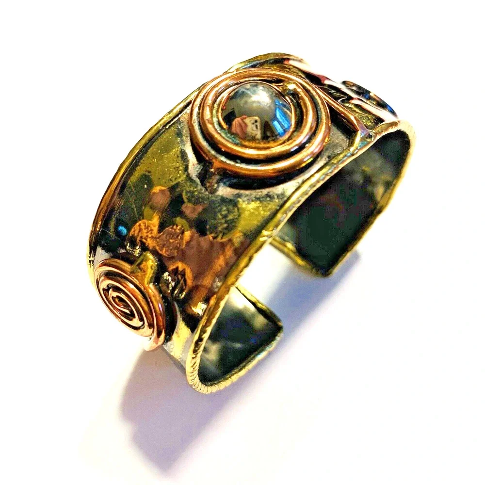 Vintage Artisan Jewelry Cuff Bracelet Handmade Crafted Mixed Metals Art To Wear